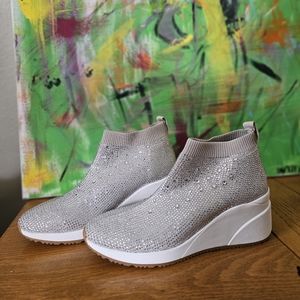 From Alex Marie, the Halika Rhinestone Embellished Knit Wedge Sneakers